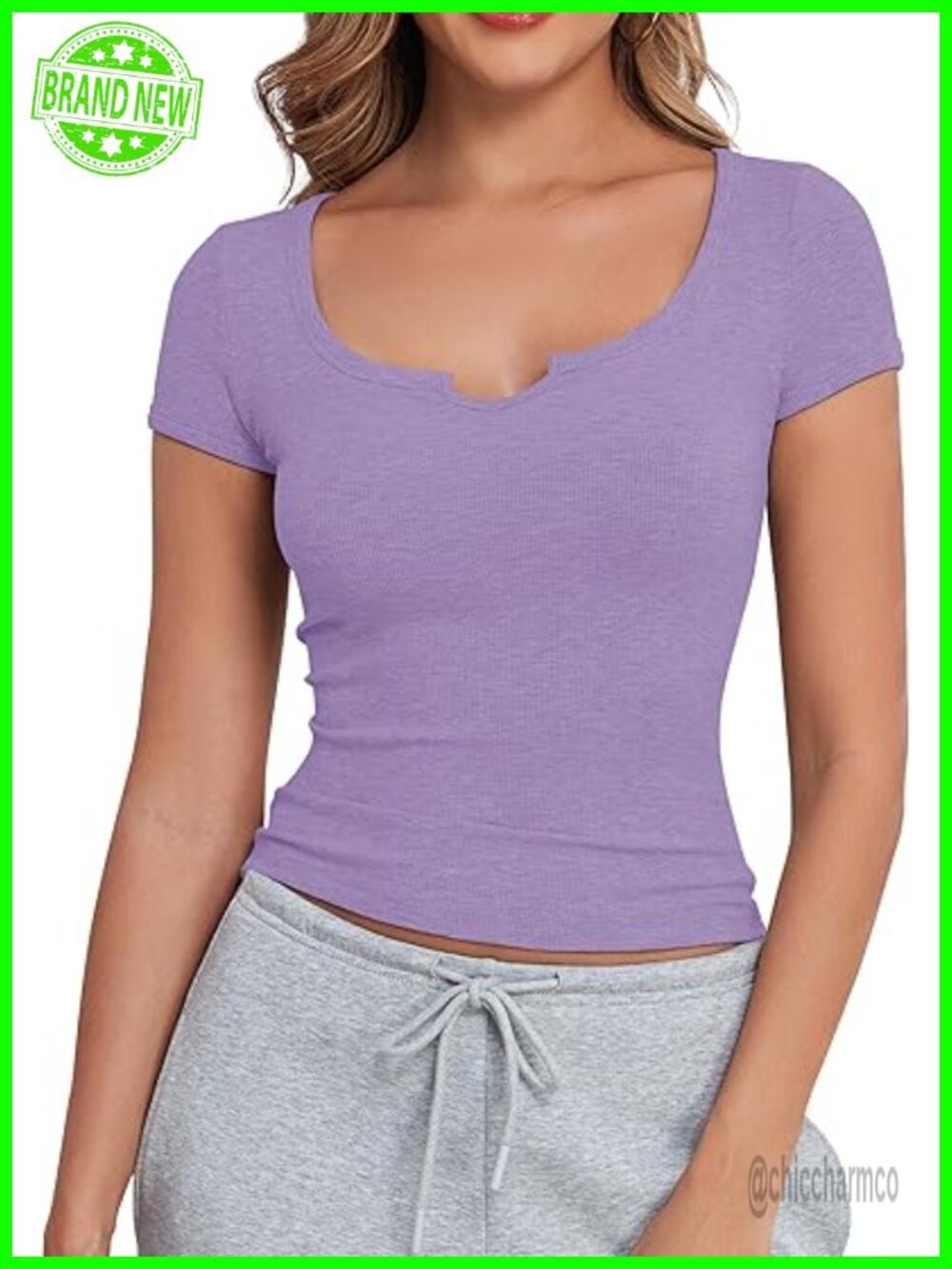 Short Sleeve V Notch Scoop Neck Crop Top Ribbed Knit Form Fitting